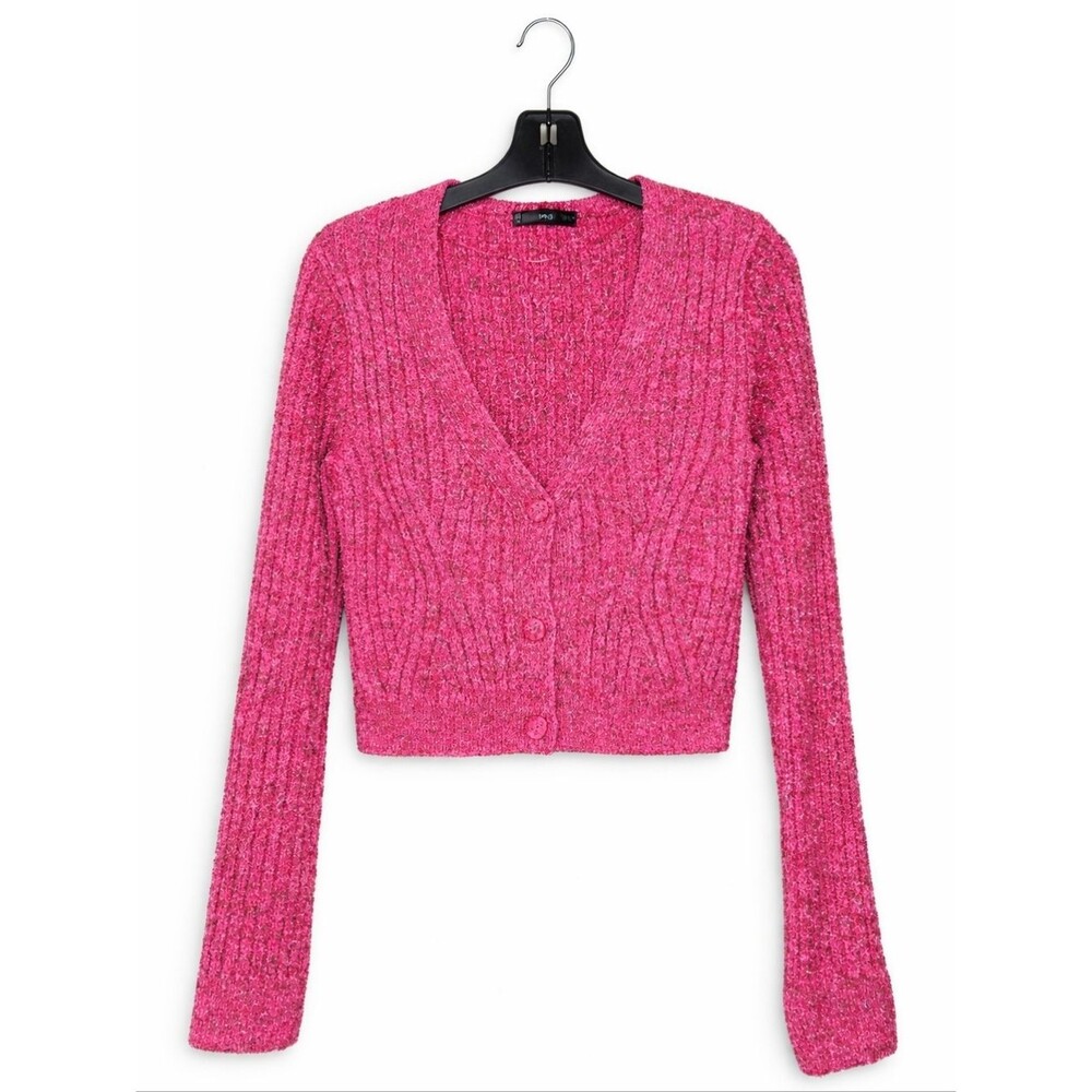 Mango Pink Fuchsia Metallic Cable Knit Long Sleeve Festive Chic Cropped Sweater